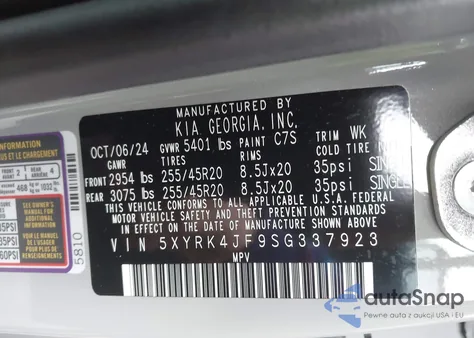 2025 Kia Sorento Sx из США, поврежденный, VIN 5XYRK4JF9SG337923